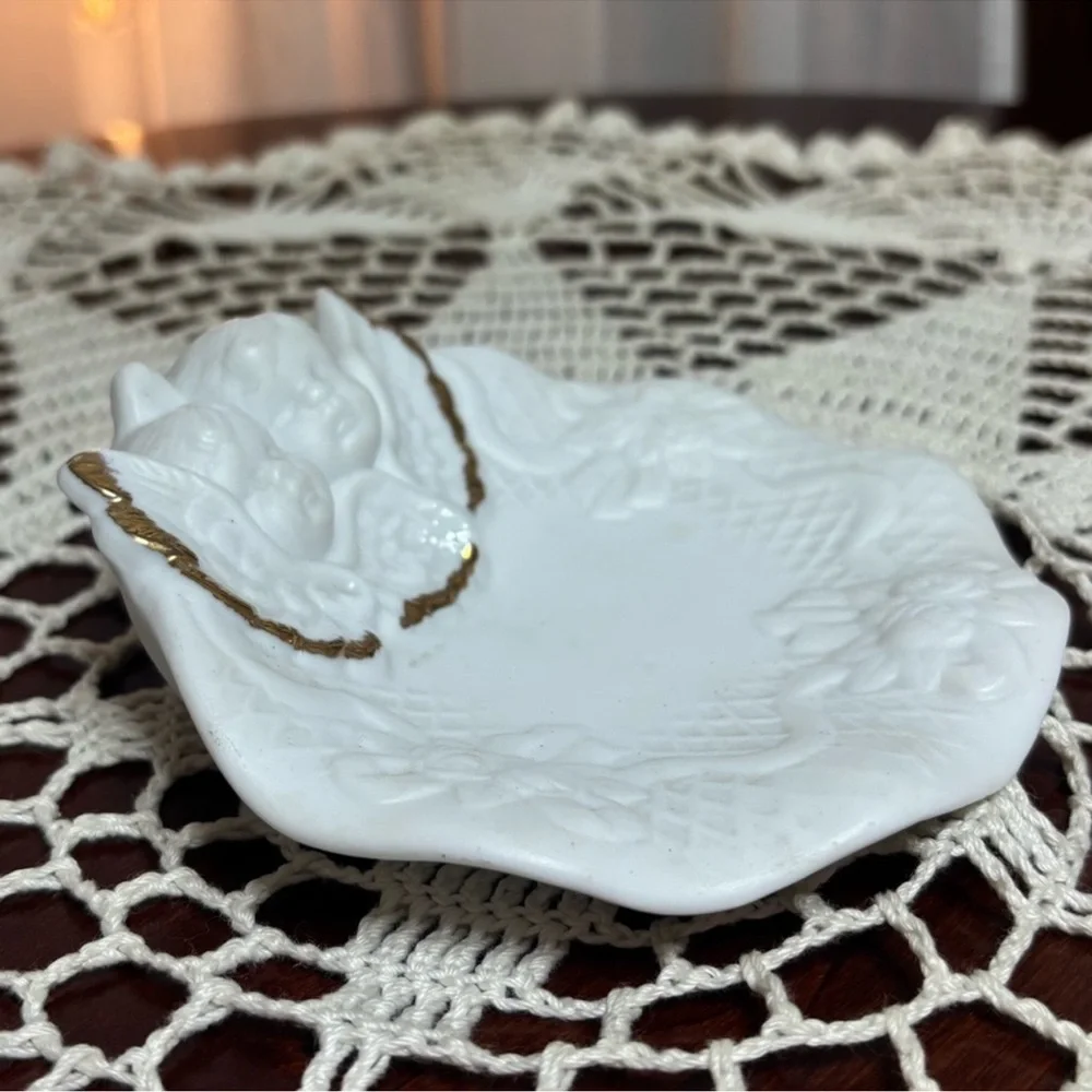 Victorian Angels Porcelain Cherub Plate White Gold Vintage Cottage Core Home